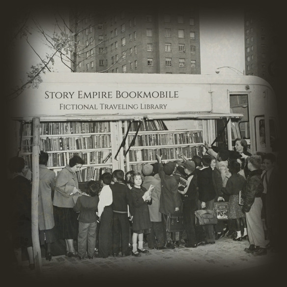vintage photo of a bookmobile with crowd gathered around it
